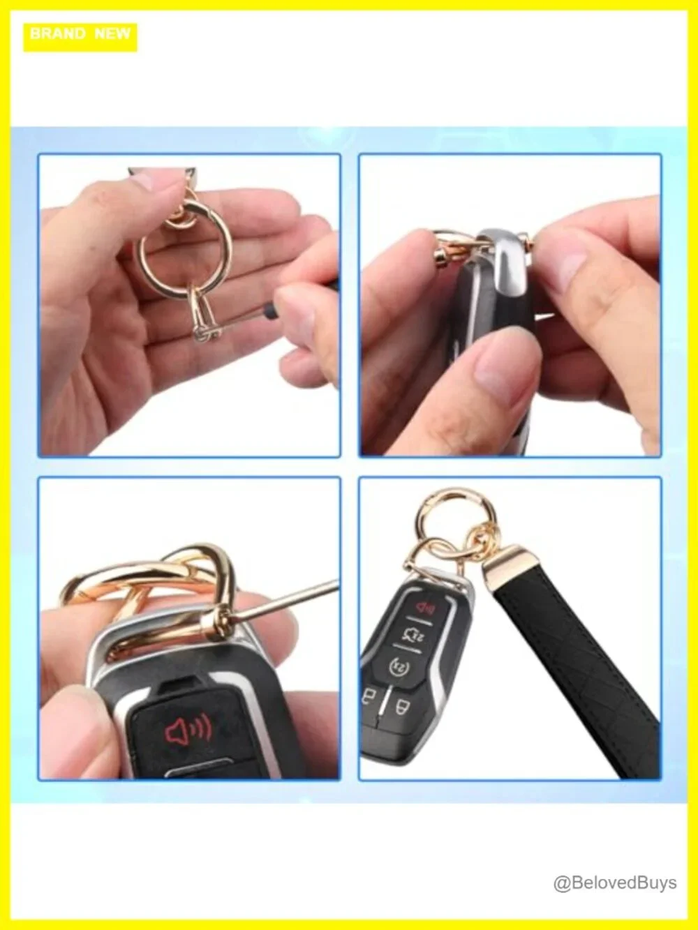 Faux Leather Wristlet Keychain with 2 Key Rings & D-Ring, Anti-Lost Key Fob